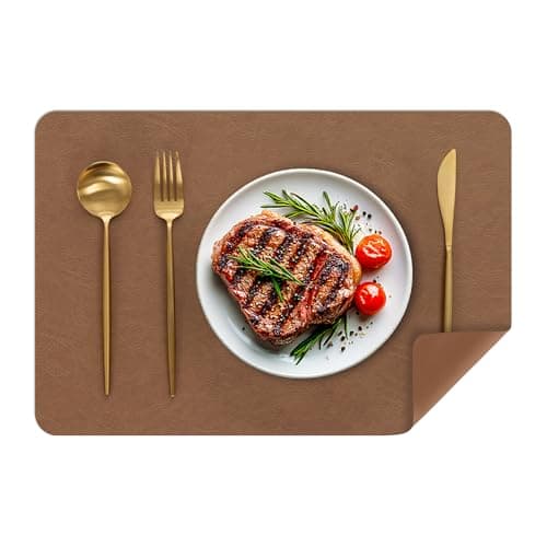 SHACOS Faux Cowhide Leather Placemats Set of 4, Wipeable Heat Resistant Table Mats, Stain Resistant Double Sided Reversible PU Place Mats for Dining Table Kitchen Restaurants, Camel Brown - Image 1