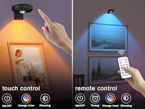 WILLED Picture Lights, 1200mAh Rechargeable Battery Operated Picture Lights, Puck Lights with Remote, 9 RGB Colors, Dimmable&Timer, Gallery Lights, Art Display Lighting for Paintings Wireless/3 Pack - Thumbnail 4