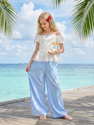 Barry Banny Girls Wide Leg Pants Satin Palazzo Pants for Girls Elastic Waist Flowy Summer Beach Vacation Pants for Kids 14-15Y - Thumbnail 4