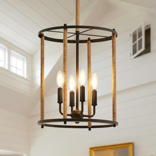 Luvkczc 4 Light Chandelier,Farmhouse Ceiling Light Black Lantern Light Fixtures with Ropes Cage Adjustable Height Rustic Hanging Light E12 Base for Kitchen Island, Dining Room, Living Room,Entryway