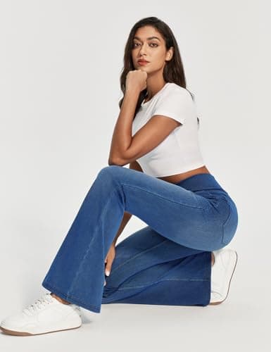 IUGA High Waisted Bell Bottom Jeans for Women Flare Stretchy Jeans Pull On Wide Leg Jean Woman V Cross Flare Leggings Pants(Whiskers Medium Wash, 31", Small) - Thumbnail 5