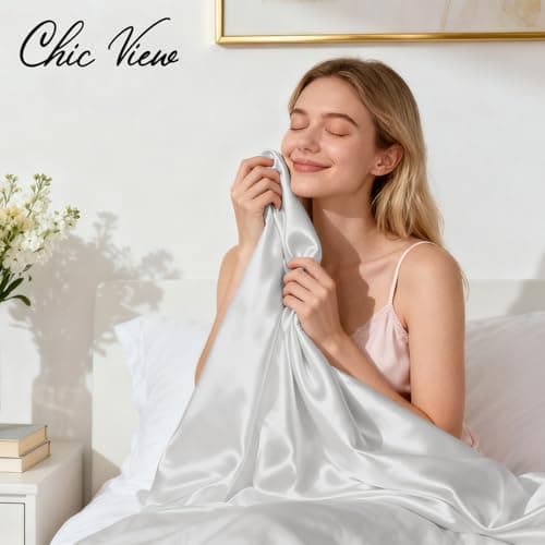 ChicView King Luxury Satin Sheet Set,4 Pieces Ultra Cooling Silky Feel Breathable Bedsheets, 16 Inch Deep Pockets Bed Sheets,Good for Hair & Skin, Light Gray - Thumbnail 3