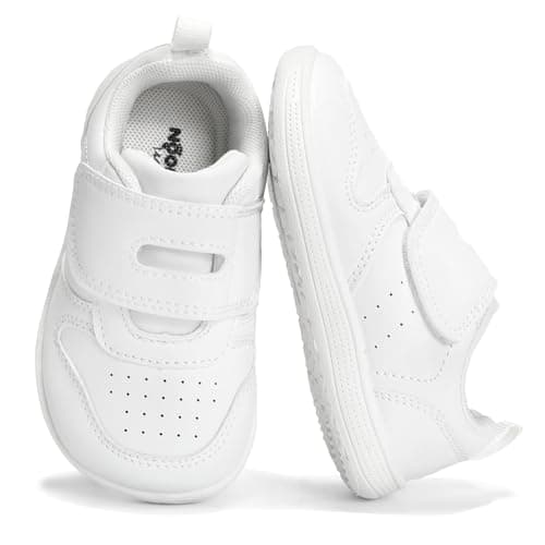 noorkiz Toddler Wide Toe Box Shoes Boys Girls Barefoot Shoe Zero Drop Kids Sneakers for Wide Feet High Instep with Hook and Loop Lightweight Non Slip Outdoor Preschool First Walking All White Toddler Size 9 - Image 1