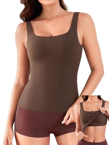 V FOR CITY Ribbed Tank Top for Women with Built in Bra Square Neck Layering Cami Tanks Padded Undershirts Coffee XL - Image 1