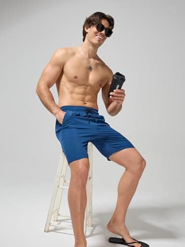 Arcweg Men's Swim Trunks XL Cyan Blue with Compression Liner and Zipper Pockets Quick Dry Bathing Suit Board Swimming Shorts - Thumbnail 2