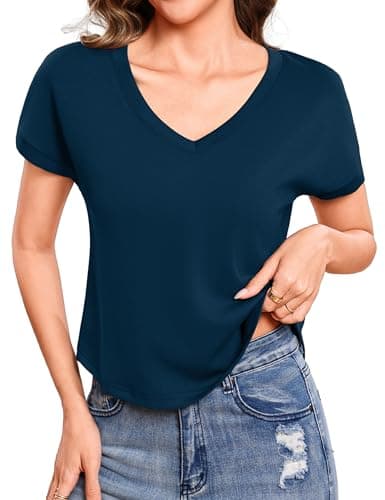 Totatuit Women Cute Cap Sleeve Cropped Tee V Neck Casual Business T-Shirts Waist Length Loose Fit Plain Summer Tops 2026 Fashion Clothes Navy Blue X-Large - Image 1