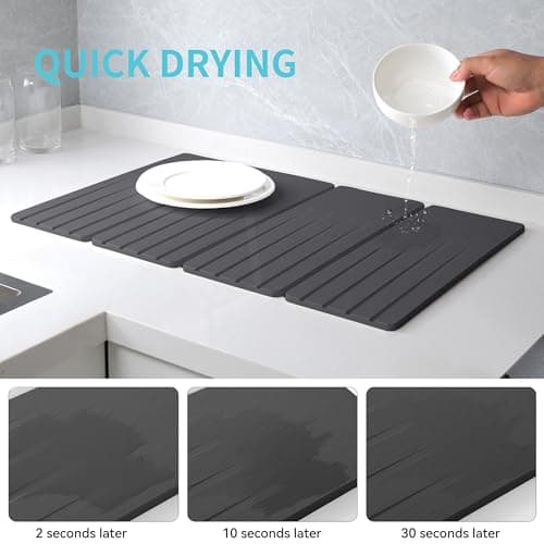 Extral Large Quick Dry Stone Drying Mat for Kitchen Counter,28x16 Inch Collapsible Eco-Friendly Absorbent Diatomaceous Earth Mat for Dishes Cups (Deep Gray-Upgraded Version, 16x12 inch) - Thumbnail 2