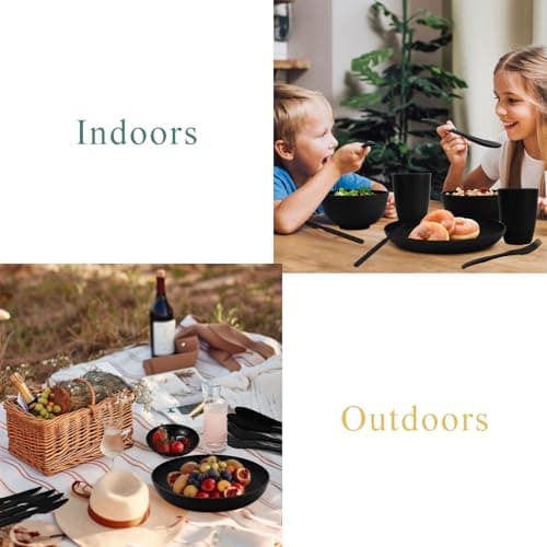Wrova Wheat straw dinnerware set of 28 - Bowls and Plates Set for Dorm - Microwave and Dishwasher safe dish sets for kitchen,camping,indoors and out doors.Black - Thumbnail 5