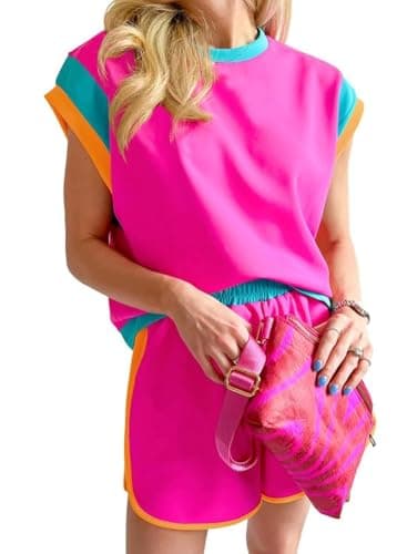 SHEWIN Summer Women Color Blocking Two Piece Short Sets Crewneck Cup Sleeves Pocket Workout Tracksuit Casual 2 Pcs Clothes Lounge Matching Outfits 2026 Trendy Vacation Clothing Size XL, Hot Pink - Image 1