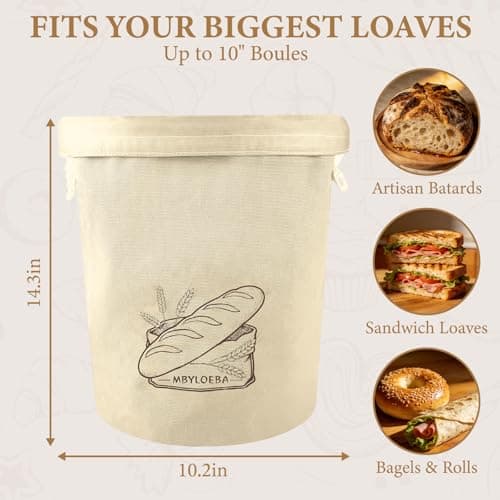 Sourdough Bread Bags for Homemade Bread, 16oz Heavy Canvas Stand-Up Artisan Loaf Keeper, Hard Bottom Bread Box Alternative with Odor-Free TPU Lining, Farmhouse Beige - Thumbnail 2