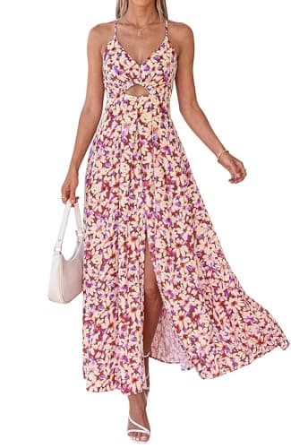 BTFBM Summer Dresses for Women 2026 Spring Floral Spaghetti Strap Smocked Cutout Maxi Dress Resort Beach Vacation Outfit(Floral Light Brown, Large) - Image 1