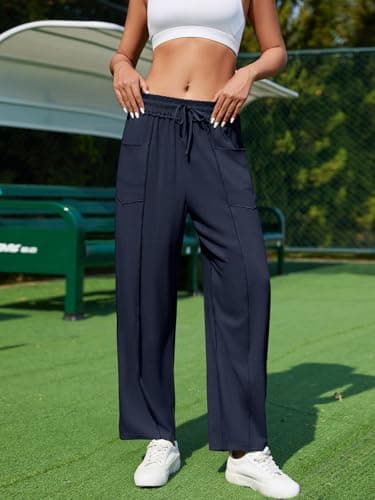 grewley Womens Linen Barrel Pants Baggy Wide Leg Pants Summer Palazzo Drawstring Waist Pants with Pockets Casual Navy Blue M - Thumbnail 2