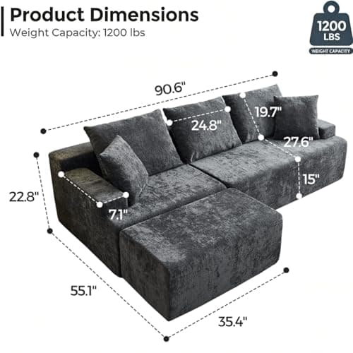 Ayovoch 90.6" Sectional Boneless Couches, Modern L-Shape Cloud Couch with Chaise, Memory Foam Modular Sectional Sofas for Living Room, Sofa in A Box, No Assembly Required (Grey, Left Facing Chaise) - Thumbnail 2