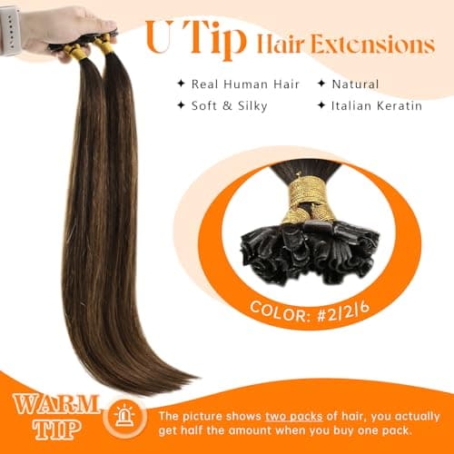Sunny Hair 20inch U Tip Hair Extensions Human Hair Radiate Vitality K Tip Hair Extensions Human Hair Balayage Dark Brown Ktip Human Hair Extensions for Party 50g - Thumbnail 2