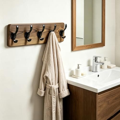 Dellicasi 17" Coat Rack Wall Mount, Rustic Wall Mounted Coat Rack, Pine Solid Wood Coat Hook Hanger with 5 Metal Hooks- Wall Coat for Hanging Clothes Key Robes Towels Coats - Thumbnail 4