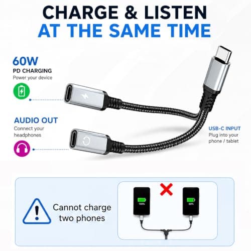 60W USB C Splitter 1 in 2 Out Type C Headphone Audio Charging Adapter Cable - Thumbnail 3