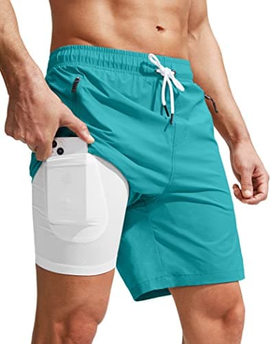 Viodia Men's Swim Trunks with Compression Liner Quick Dry Board Shorts Swimsuit Swimwear for Men with Zipper Pockets Lake Green - Image 1