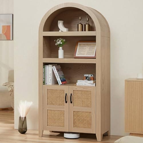 HABUTWAY 72'' Arched Storage Cabinet with Beech-Rattan Door, Tall Bookshelf with Adjustable Shelves, Modern Farmhouse Wooden Bookcase Kitchen Pantry Cabinet for Living Room (Natural)