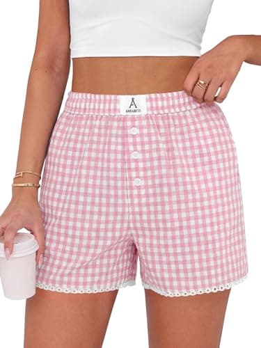 ANRABESS Boxer Shorts for Women 2026 Summer Pajama Gingham Pj Shorts Casual Lounge Sleep Plaid Y2K Beach Bottoms Outfits Pink White Plaid X-Large - Image 1