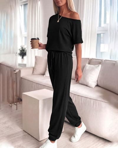 Zenlonr Women Summer 2 Piece Outfits 2026 Off Shoulder Short Sleeve Tops Elastic Waist Drawstring Long Pants Tracksuit(Black,X-Large) - Thumbnail 3