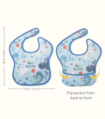 CIVARUA KIDS 3-Pack Waterproof Baby Bibs for Eating - Mess Proof Lightweight Toddler Feeding Bibs with Large Food Catcher, Food-Grade Baby Eating Essentials, Easy to Put On & Clean(Light Blue Ocean) - Thumbnail 5