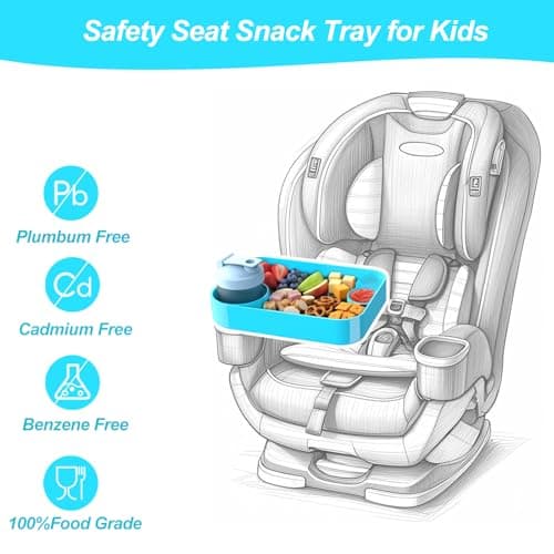 Car Seat Snack Tray for Kids, Mess-Free Square Travel Tray Cup Holder Snack Tray, Durable Car Food Tray for Toddlers, Universal Fit Kids Travel Road Trip Essentials (1, Sky Blue) - Thumbnail 2