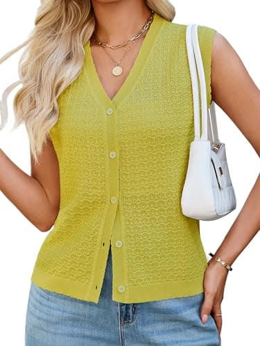 Bellcoco Womens Sleeveless V Neck Sweater Vest Crochet Knit Summer Tops Button Down Spring Cardigan Casual Outfits 2026 Green XXL - Image 1