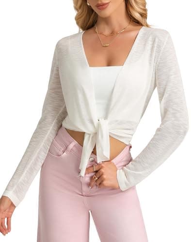 GRACE KARIN Women Cropped Cardigan Sheer Shrug Tie Front Cover Up Cardigans Summer Lightweight Shrugs White S - Image 1