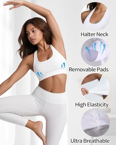 iMucci Halter Bra Medium Low Impact Sports Bras for Women Seamless Workout Padded Open Back Gym Yoga Bra with Removable Pads White - Thumbnail 3
