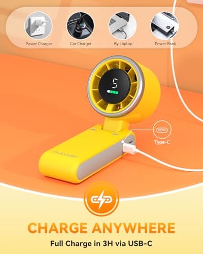 PlayHot Portable Handheld Turbo Fan, 5-Speed Personal Fan, USB-C Rechargeable Fan Up to 12 Hours, 3 IN 1 Hand Fan with Air Turbo Tech Cooling, Travel Fan for Cruise, Beach, Gifts for Women (Yellow) - Thumbnail 5