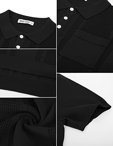 Golf Polo Shirts for Men Short Sleeve Lapel Collar Textured Knitting Polo Shirts Casual Tee Shirts Tops Black M - Thumbnail 6