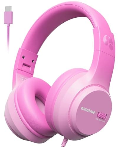 awatrue USB-C Kids Headphones, 74/85/94dB Volume Limiter, Foldable Wired Over Ear Headphones for Travel, Toddler Headphones for School, Travel, iPad, Tablet, Pink Gradient - Image 1