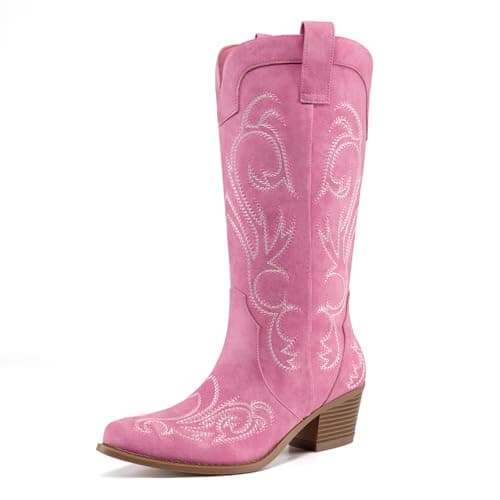 Athlefit Cowboy boots for women Fashion Pointed Toe Embroidered Western Boots Chunky Heel Mid Calf Pink Cowgirl Boots Size 8.5 - Image 1