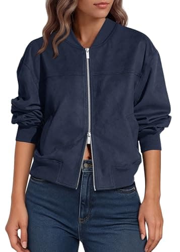 Lazysmile Women's Faux Suede Bomber Jackets Fall Fashion Outfits Winter Clothes Stand Collar Zip Up Coats Outwear with Pockets - Image 1