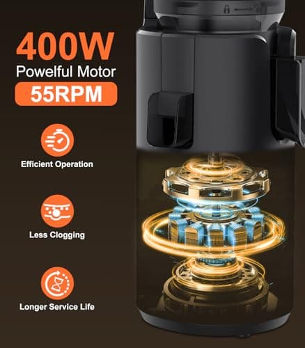 URVIBY Juicer Machines, 5.3" Large Feed Chute Cold Press Juicer with Double Press Technology, 400W Motor, High Juice Yield, Easy to Clean, Masticating Juicer for Whole Vegetables & Fruits, Black - Thumbnail 5