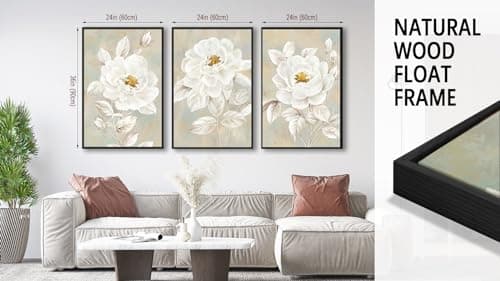 ASDCEUTICALS Large Canvas Wall Art - Beige Bloomy Flower Wall Decor, Vintage Floral Paintings, Aesthetic Botanical Pictures for Living Room Bedroom Office Bathroom Framed Artwork 24" X 36" X 3 Pcs - Thumbnail 6