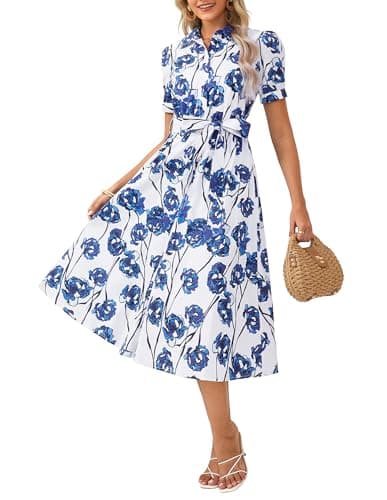 GRACE KARIN Womens Summer Floral Wedding Guest Dress 2026 Cotton Puff Short Sleeve Midi Shirt Dress Flowy Boho Sundresses with Pockets Belt White Blue XL - Image 1