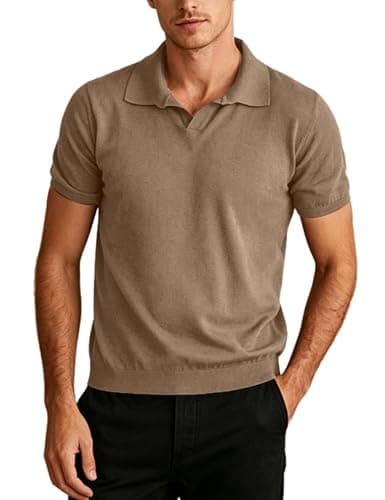 Yeokou Men Knit Polo Shirts Short Sleeve Collared Pullover Casual Golf Tops Summer Stylish Tee(Khaki-S) - Image 1