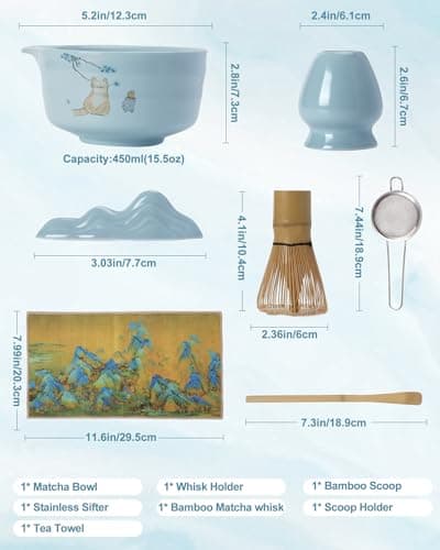 Matcha Whisk Set, Japanese Matcha Kit Set 7-Pcs with Matcha Bowl (Chawan), Matcha Whisk and Holder, Bamboo Scoop, Scoop Rest, Sifter and Tea Towel - Authentic Tea Ceremony Tools for Tea Lovers(Blue) - Thumbnail 2