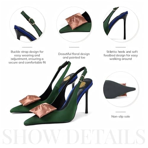 Atsroel Slingback High Heels for Women Pointed Toe Buckle Floral Knot Pumps Silk Stiletto Heels Comfortable Dressy Wedding Heeled Shoes Green Heels - Thumbnail 5