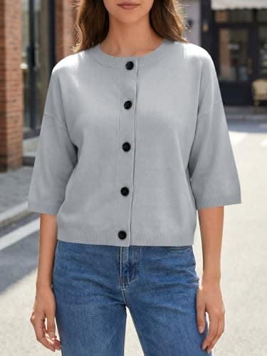 Saodimallsu Womens Short Sleeve Cardigan Sweaters Crew Neck Button Down Lightweight Casual Summer Knit Tops - Thumbnail 3