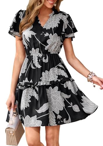 PRETTYGARDEN Womens Summer Floral Mini Dress 2026 Trendy Ruffle Short Sleeve V Neck Flowy A Line Short Beach Dresses (Black Big Floral,Small) - Image 1