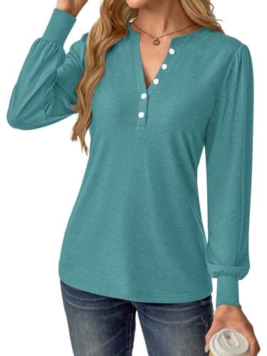 GKBK Women's Puff Long Sleeve Tunic V Neck Button Blouses Fall Tops Trendy Dressy Casual Business Henley Shirts Cyan L - Thumbnail 5