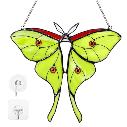 Luna Moth Stained Glass Window Hanging - Handmade Real Glass Suncatcher for Meditation Room, Spiritual Decor, Sun Catcher for Windows, Vibrant Gift for Women & Mom, 7.3 Inch Green Glass Art - Image 1