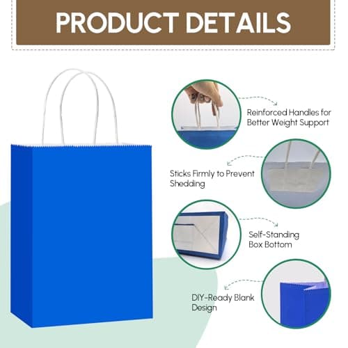 Qioxiou 60 Pack Blue Gift Bags 5.91x3.15x8.27 Small Size Kraft Paper Bags with Handles Bulk for Birthday Wedding Party Favors Grocery Retail Shopping Business Goody Craft Gift Bag Sacks - Thumbnail 3