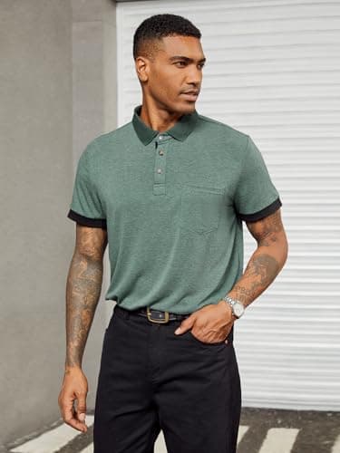 Hardaddy Men's Business Casual Polo Shirt with Pocket Short Sleeve Work Tops with Collar Contrast Color Basic Pullover Tee Slim Fit Green XXL - Thumbnail 5