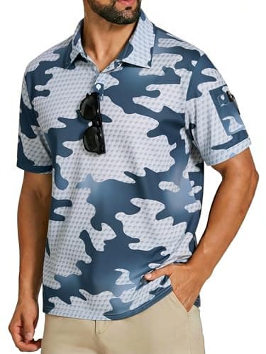 Cozople Mens Camo Tactical Golf Polo Shirt Short Sleeve Textured Camouflage Polo Moisture Wicking Performance Collared Shirt with Arm Pocket for Outdoor Golf Hiking Fishing, 2X-Large