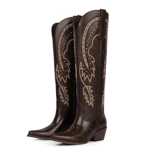 QIY Chocolate Cowboy Boots for Women Embroidered Rhinestone Pointed Toe Slip on Cow Girl Classic Block Heel Nashville Knee High Western Dark Brown Cowgirl Boots Size 7 - Thumbnail 4