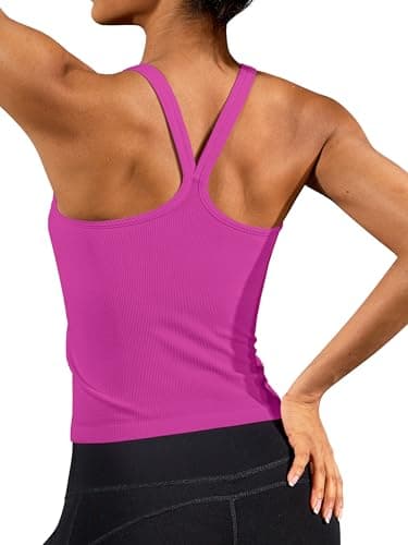 ATTRACO Ribflex Women's Ribbed Yoga Tank Top with Built-in Bra Seamless Workout Top Dark Magenta S - Image 1