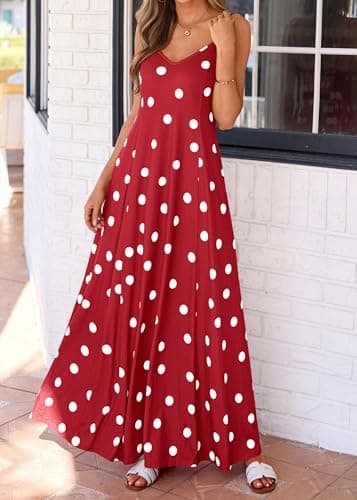 KIRUNDO Polka Dot Dress for Women Summer 2026 Sleeveless Spaghetti Strap Beach Vacation Cruise Boho Long Flowy Maxi Dresses(Red, X-Large) - Thumbnail 4